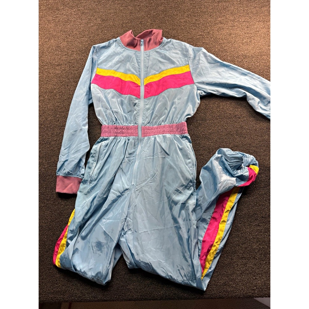 Womens Halloween Costume Jumpsuit S/M Blue Pink Yellow Colorblock Zip Front 80